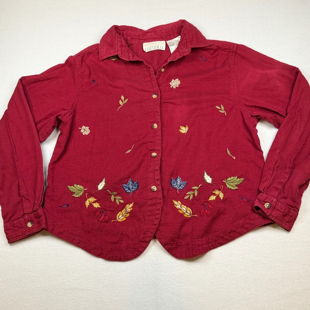 Casey & Max Womens Large Red Cotton Linen Embroidered Leaf Button Up Shirt